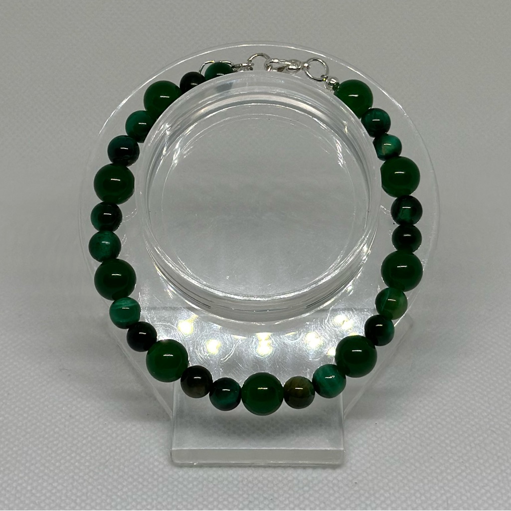 Handmade Silver Wire Bracelet With Green Glass And Tiger’s Eye Beads